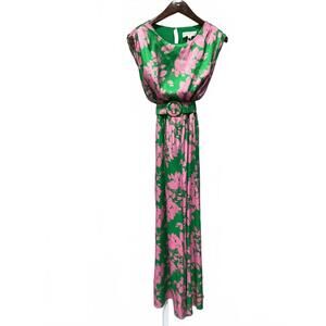 BigHit  fashion Green and Pink Floral Belted Maxi Wide Leg Jumpsuit SM, NWT